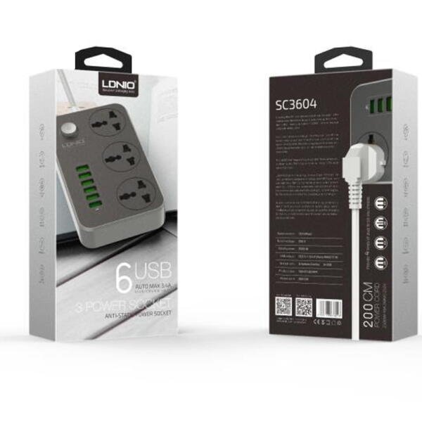 LDNIO Power Strip With 3 Power Sockets and 6 Fast Charging USB Ports