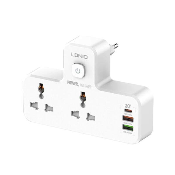 LDNIO Wall Power with 2 Power Sockets and 3 20W Fast Charging Ports ( 2 USB - 1 Type-C ) - Image 1