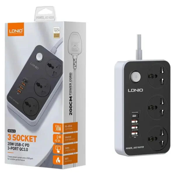 LDNIO SC3412 Power Strip With 3 Power Sockets (3 USB Port 18W, Fast Charging USB-C 20W) 2500 Watt - Black - Image 4